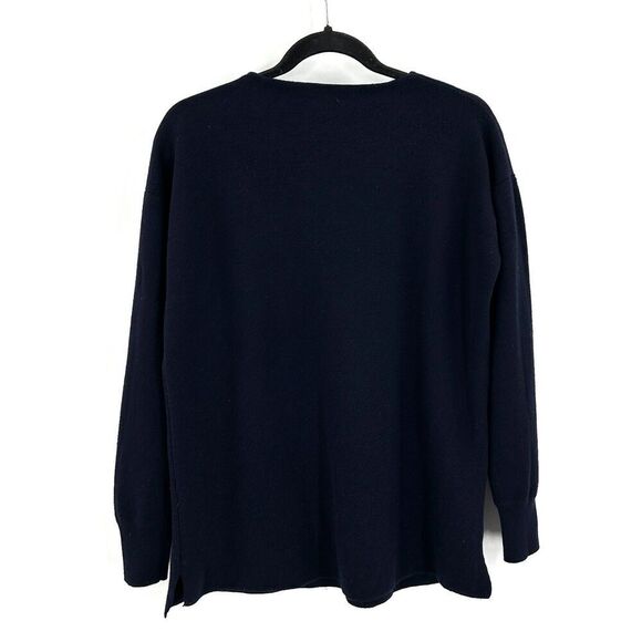 J. CREW Navy Blue 100% Merino Wool Knit Pocket Crew Neck Sweater Size Medium - Picture 2 of 5